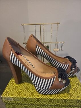 Striped Navy and Brown Peep-Toe Platform Heels with Rope Bow